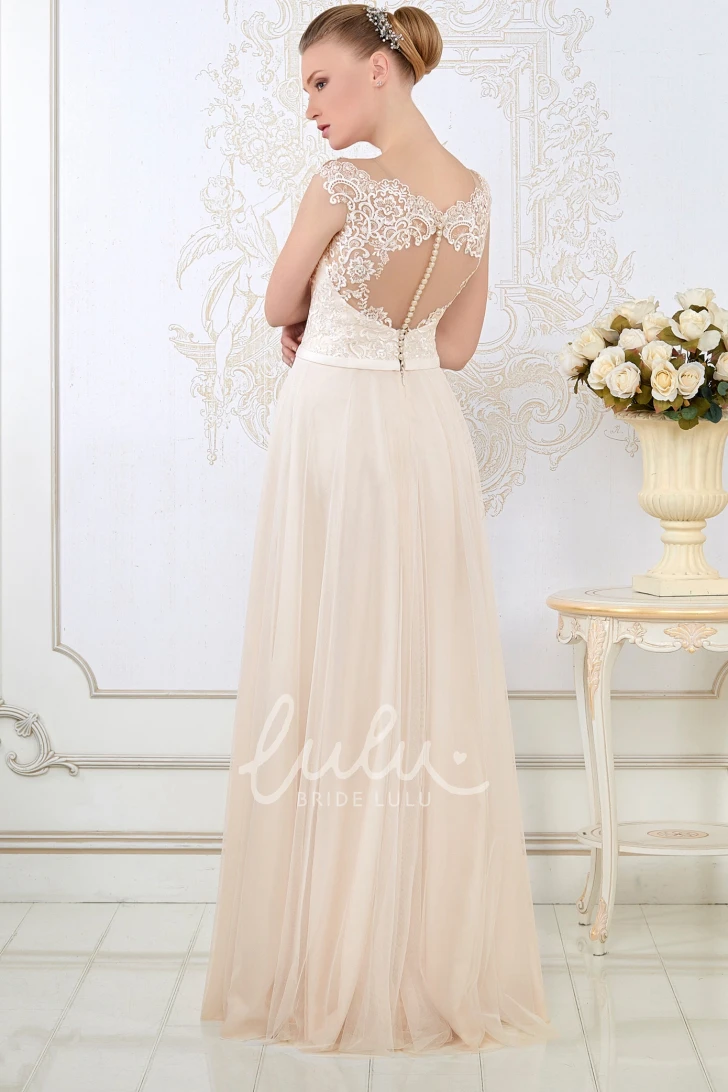Cap-Sleeve Appliqued Tulle Sheath Wedding Dress V-Neck Floor-Length