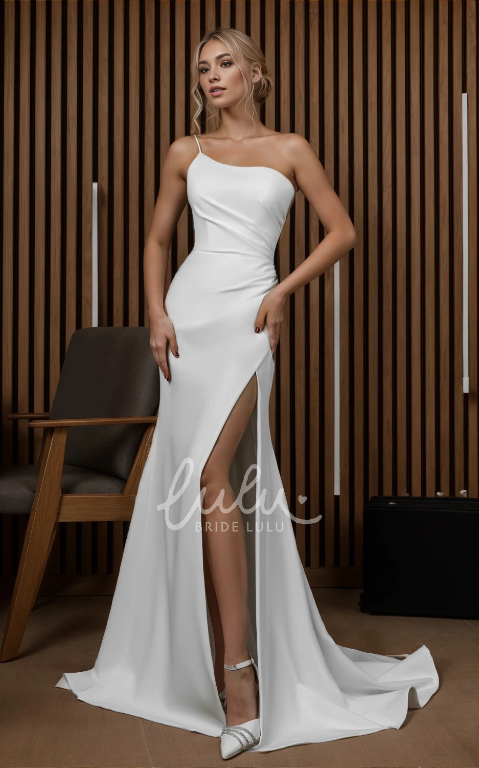 Sexy Simple Sheath One-shoulder Spaghetti Split Front Satin Wedding Dress Casual Solid Beach Floor-length Backless Zipper Ruching Bridal Gown