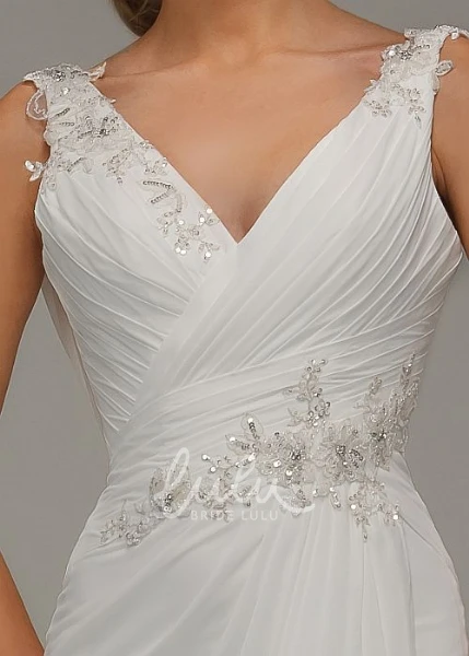 Sheath Chiffon Wedding Dress with Appliques and Ruching Flowy Bridal Gown