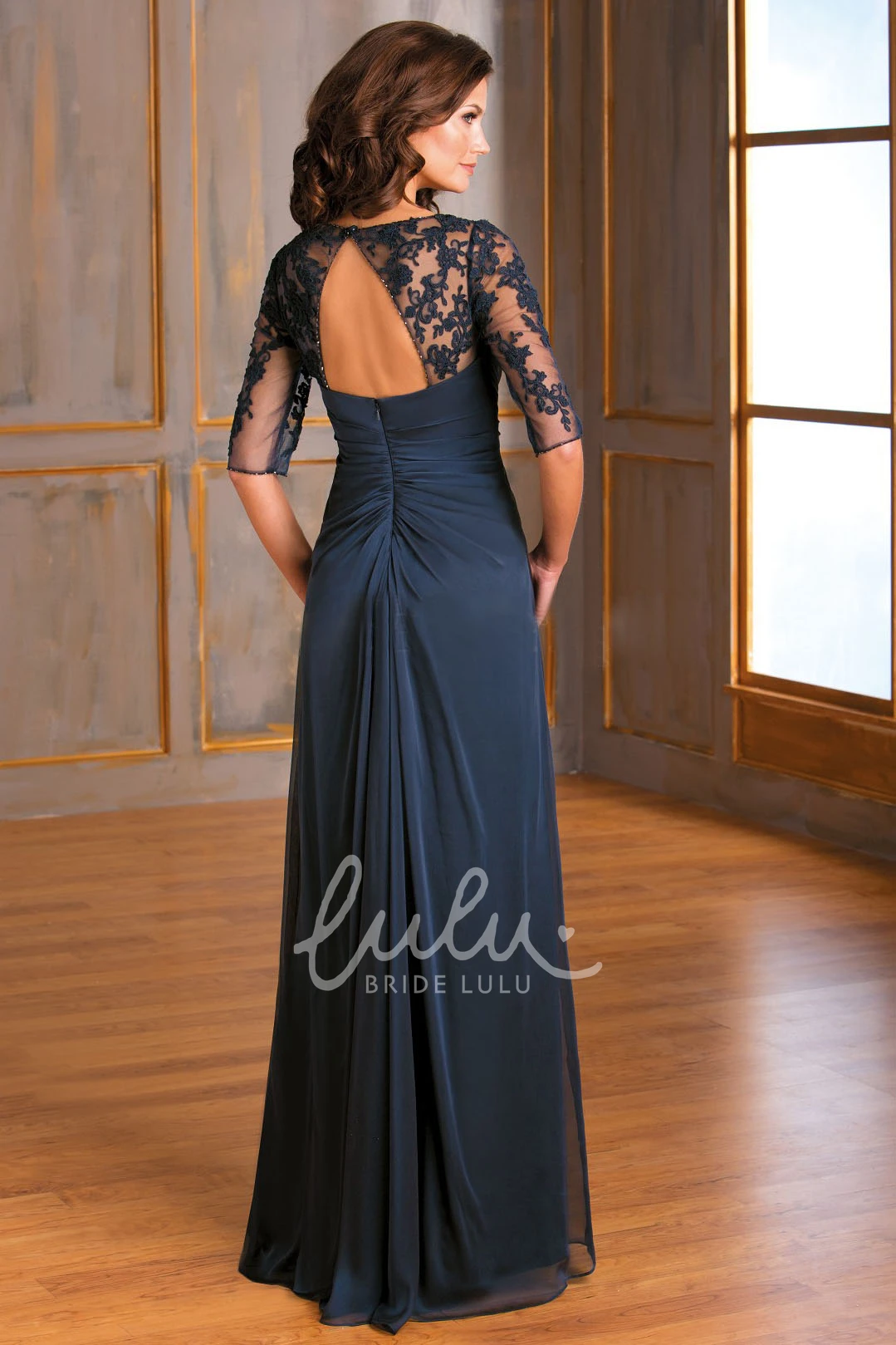 Appliqued Half-Sleeved A-Line Long MOB Dress with Keyhole Back