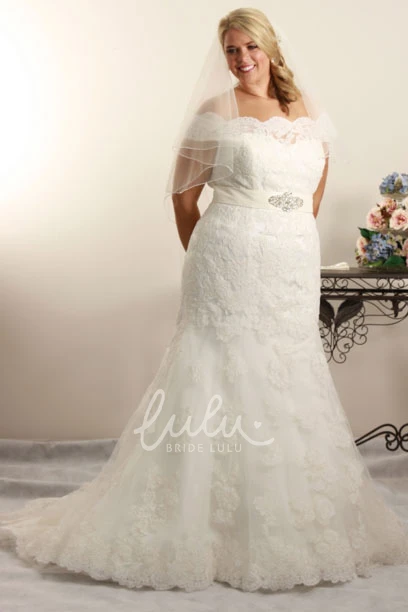Plus Size Off-The-Shoulder Lace Wedding Dress Jeweled Trumpet Unique