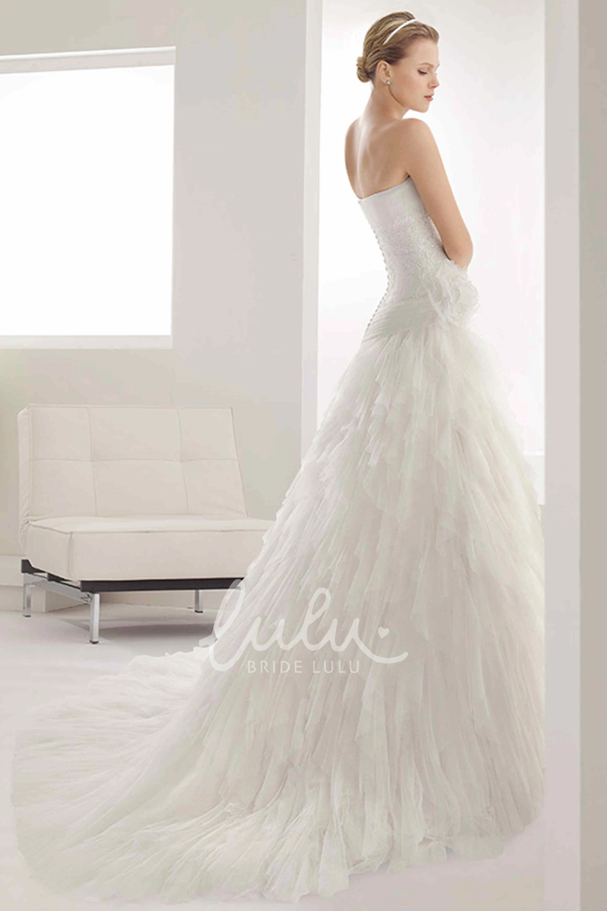 Embroidered Mermaid Tulle Dress with Tiered Skirt Strapless Wedding Gown
