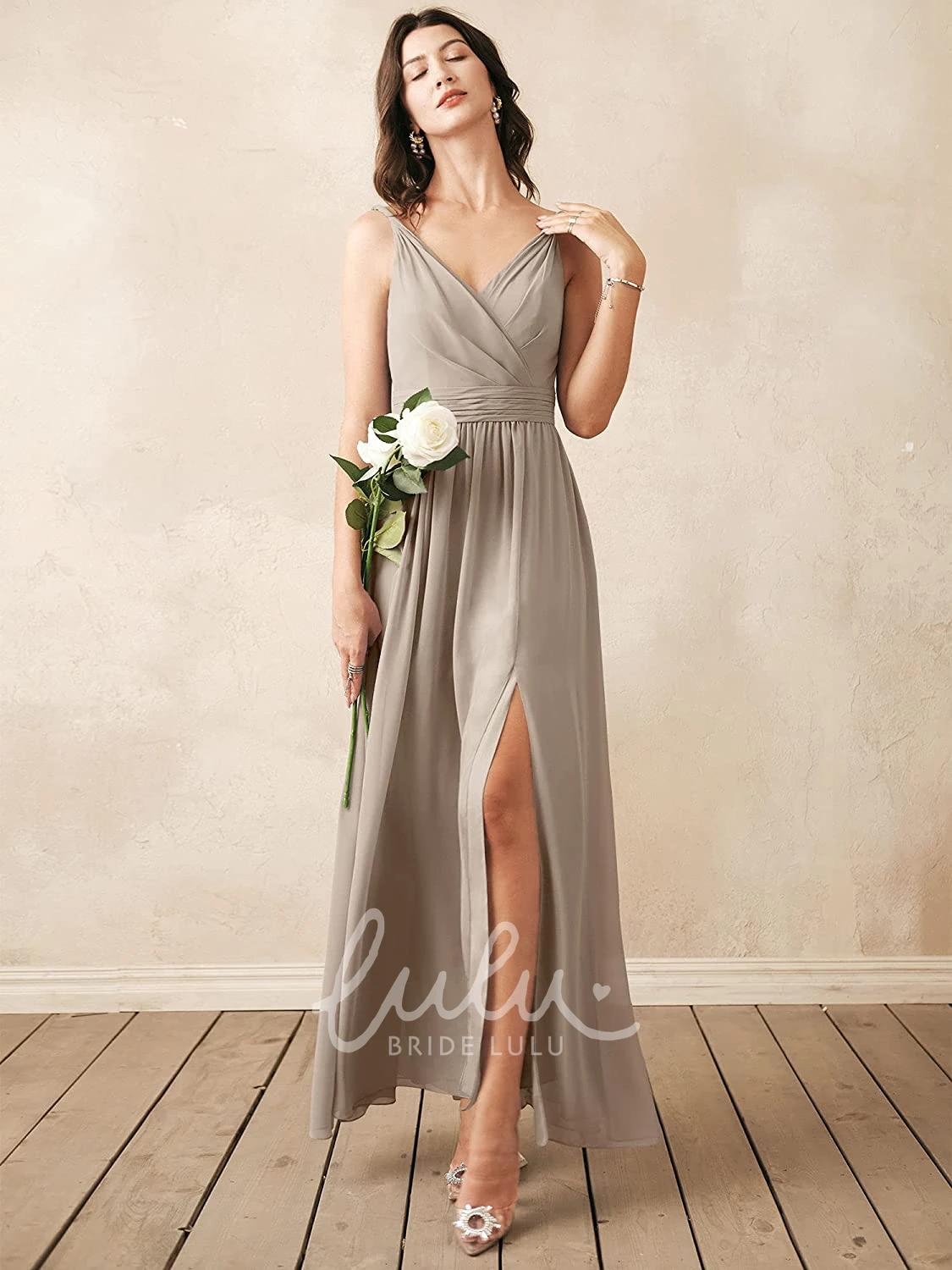 Sleeveless V-neck Chiffon A-line Bridesmaid Dress with Ruching Romantic
