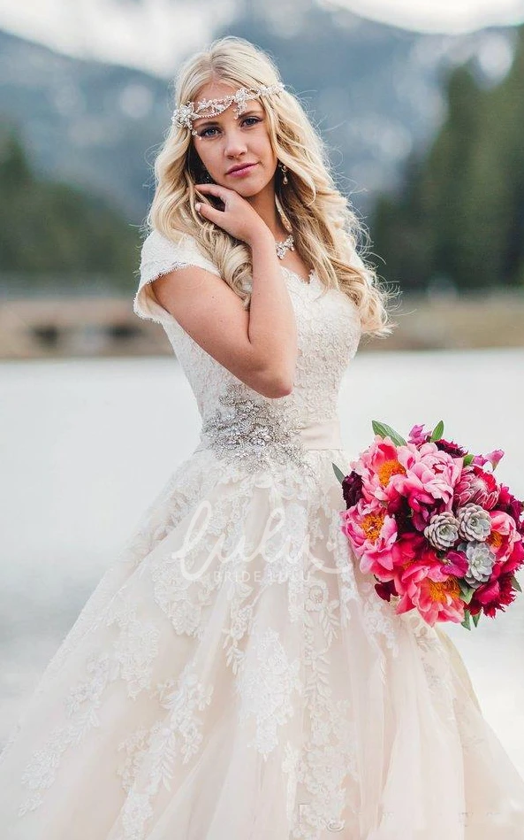 Romantic Ballgown Wedding Dress with Queen Anne Cap Sleeves and Lace Appliques Button Back