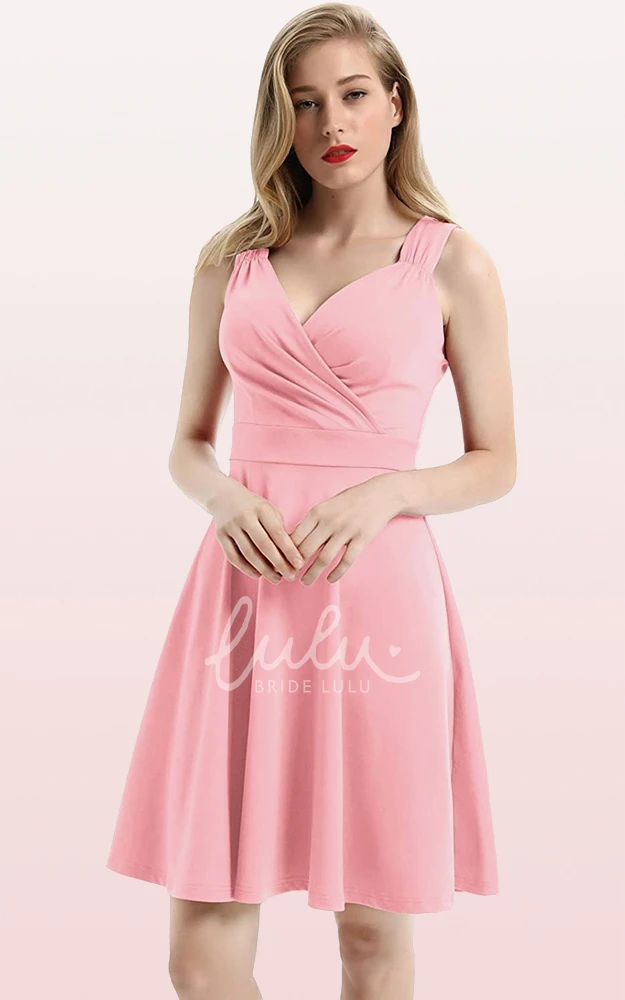 Sleeveless A Line Jersey V-neck Cocktail Dress with Ruffles Casual Prom Dress