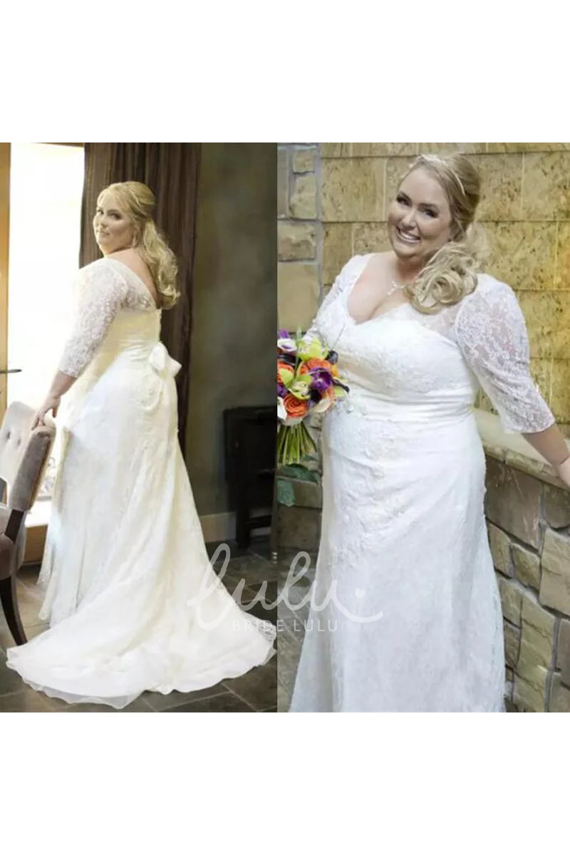 Plus Size Lace Wedding Dress with V-Neckline Long Sleeves and Lace-Up Back