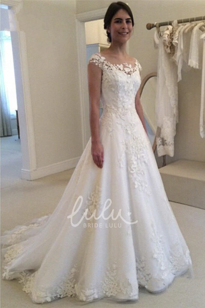 Adorable Cap Sleeve Lace Wedding Dress with Illusion Button Back