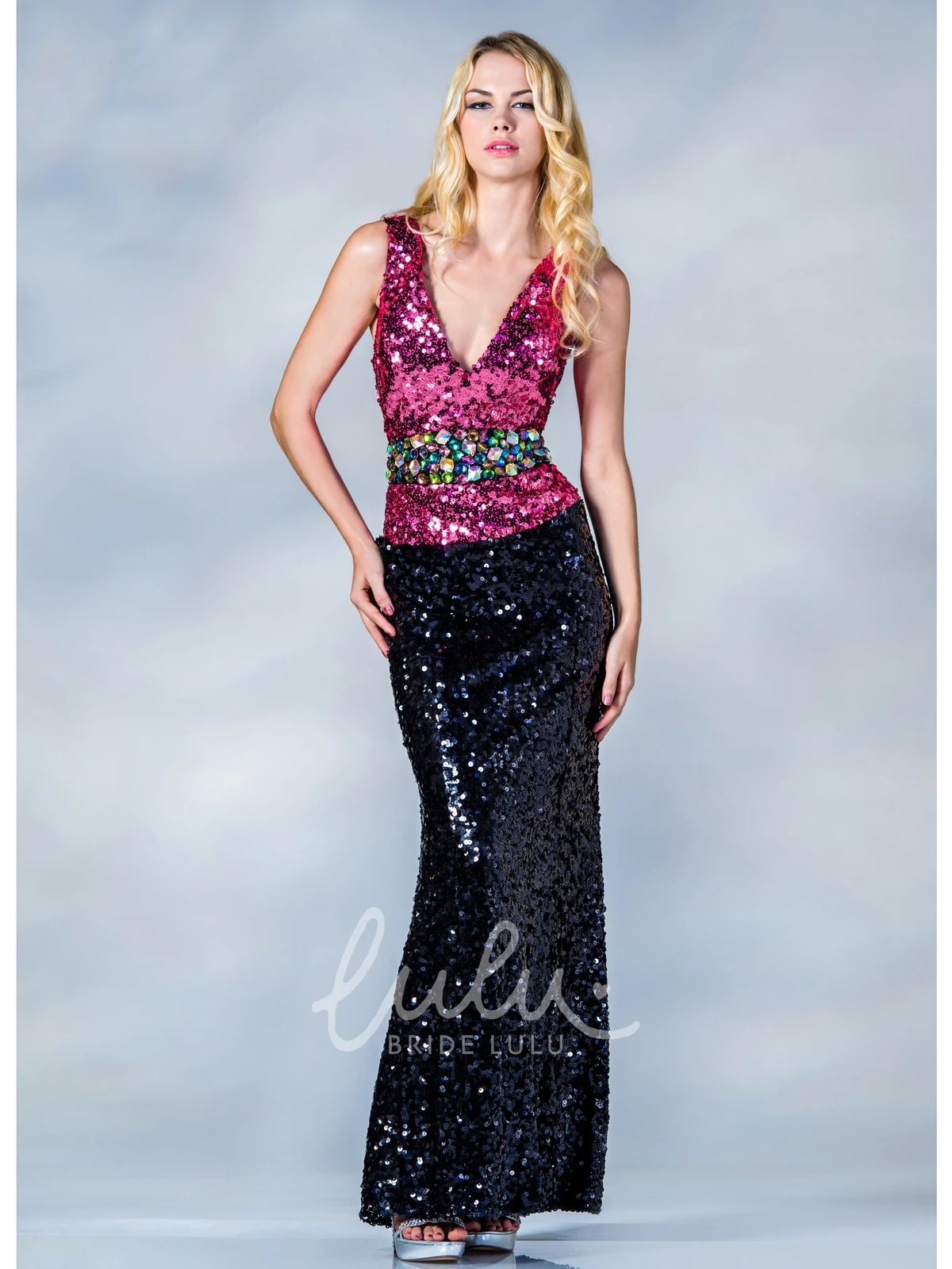 V-Neck Sequin Sheath Dress with Beading and Ankle-Length Hem