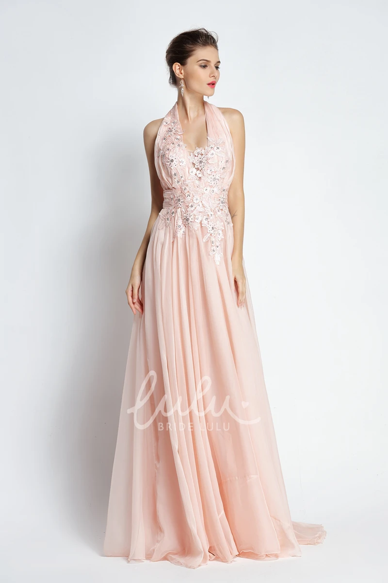 Halter Chiffon A-Line Prom Dress with Appliques and Beading Sweep Brush Train