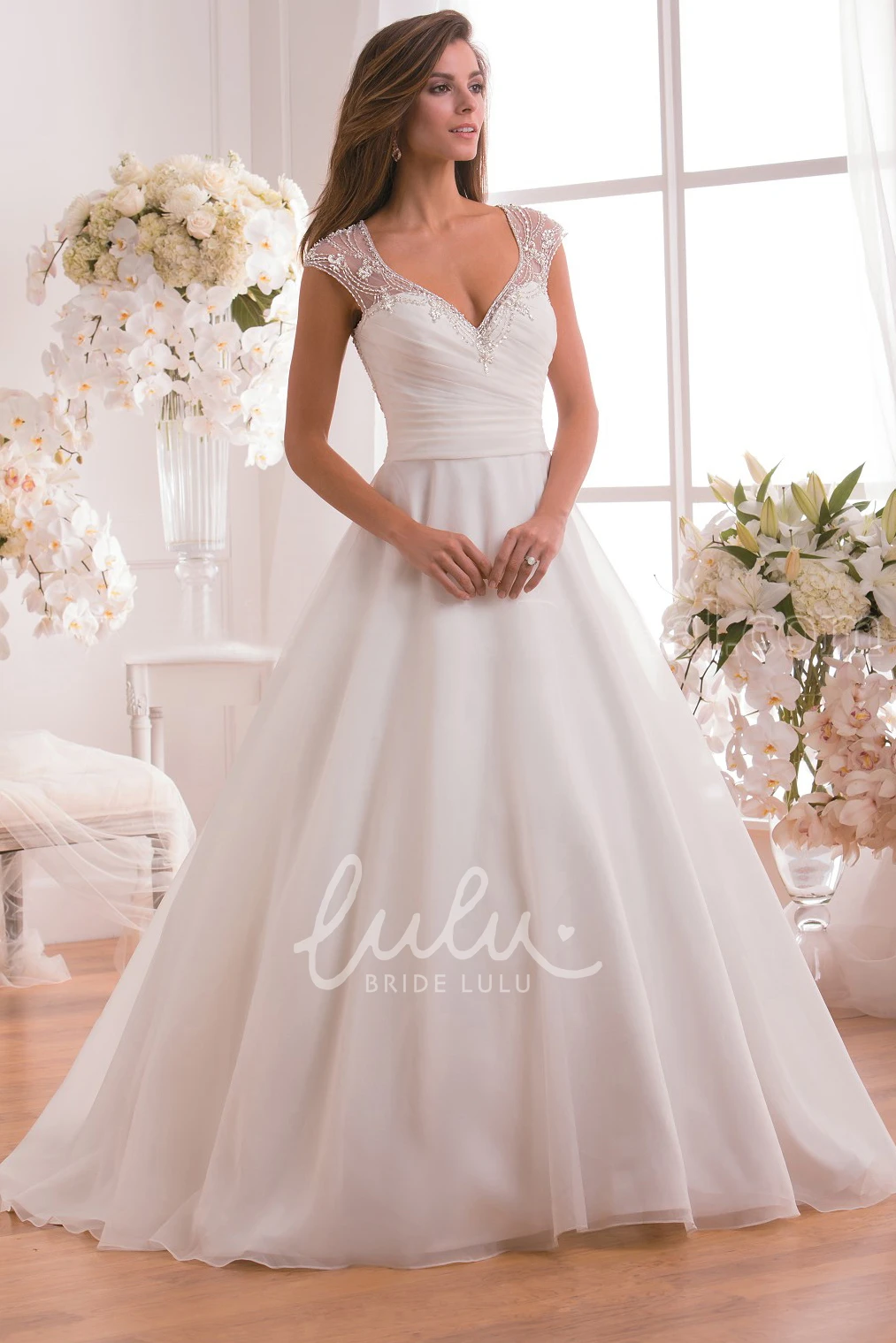 Crystal Illusion Cap-Sleeved A-Line Wedding Dress with V-Neck