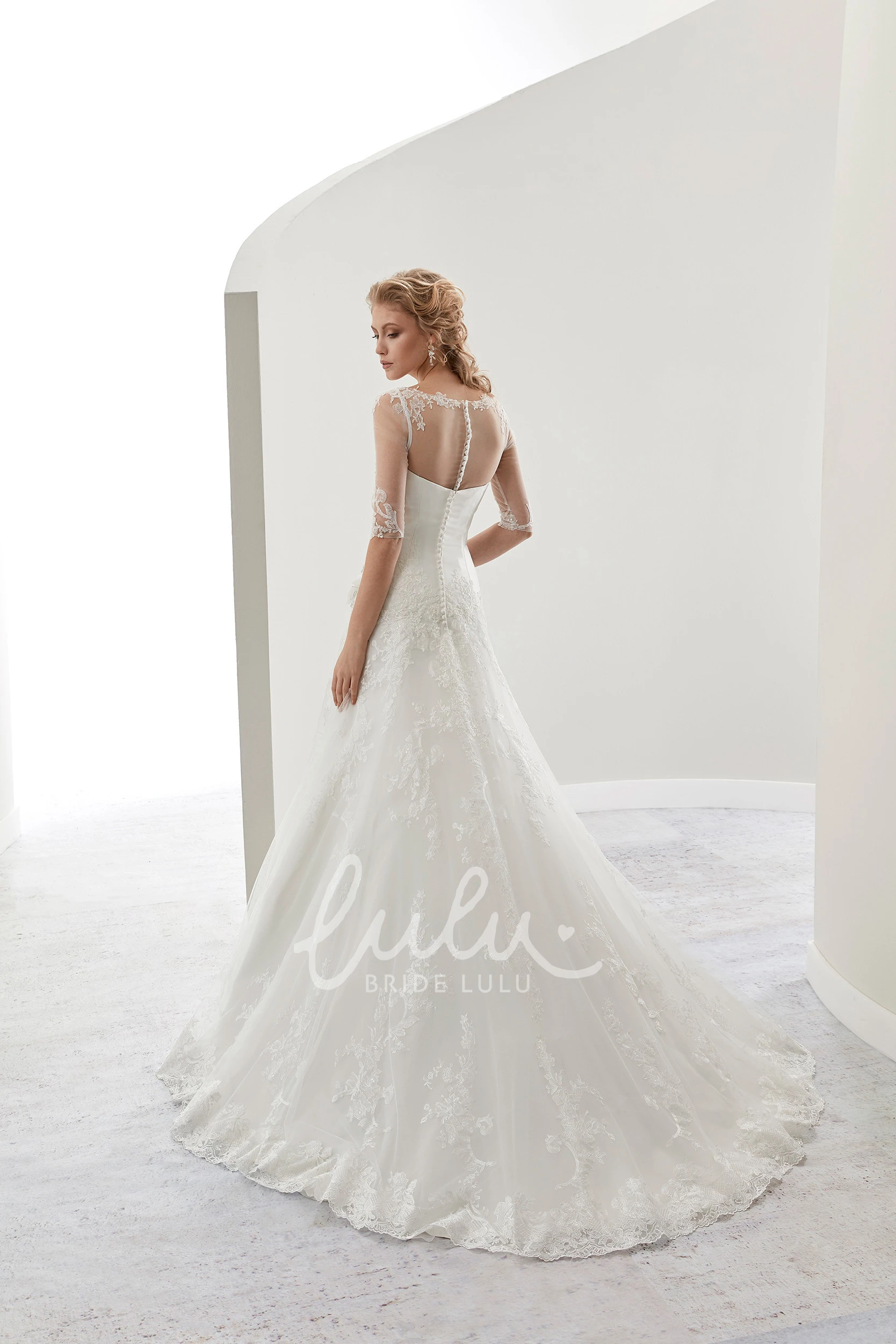 Illusion Half-Sleeve Bridal Dress with Beaded Flower Embellishment and Jewel Neckline