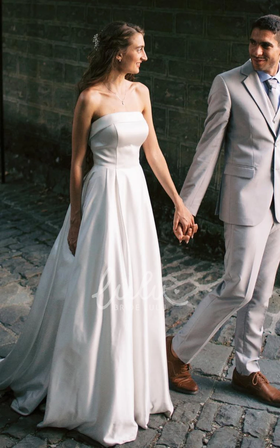 Strapless Satin Garden Wedding Dress with Backless and Illusion Sleeves Casual A-Line