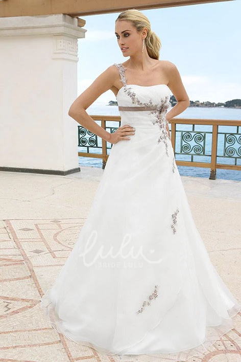Satin One-Shoulder Wedding Dress with Appliques and Side Draping