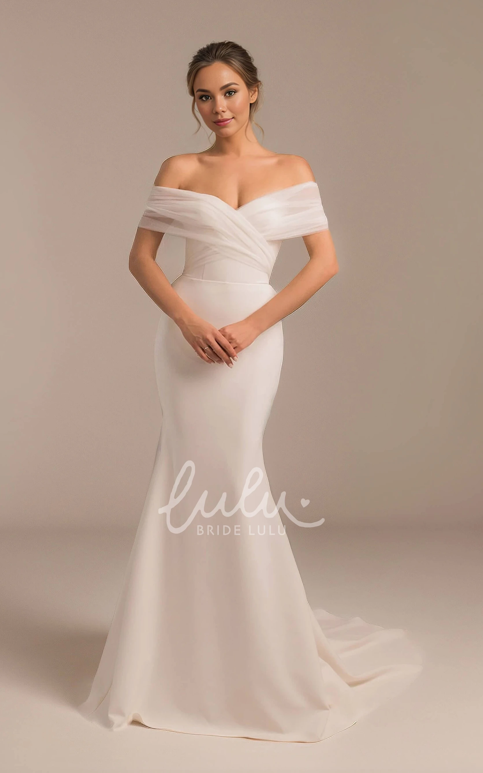 Sexy Elegant Floor-length Mermaid Off-the-shoulder Vow Renewal Wedding Dress with V Back Bows Train
