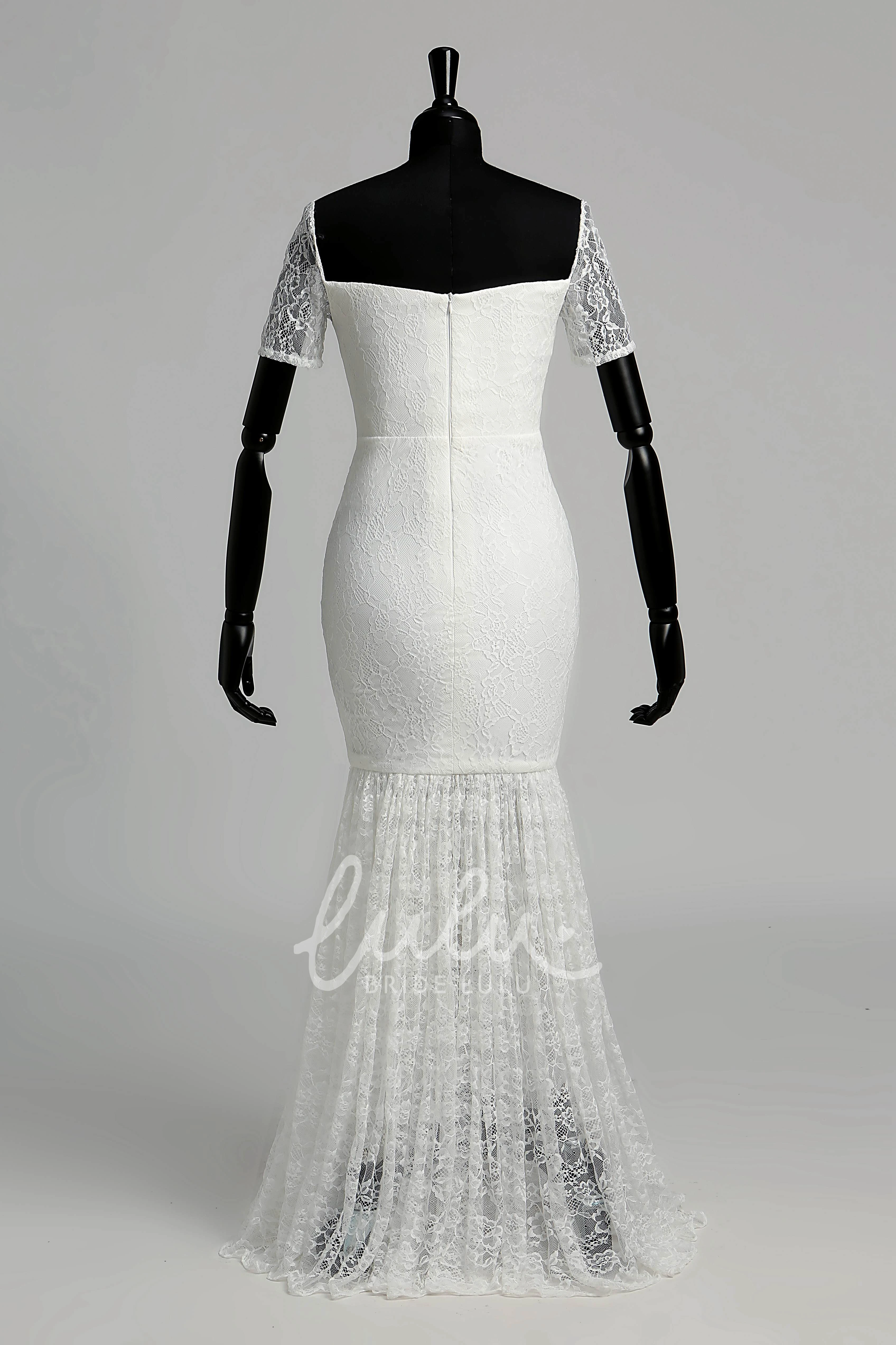 Maternity Wedding Dress Lace Mermaid Off-the-shoulder Illusion Short Sleeve with Pleats