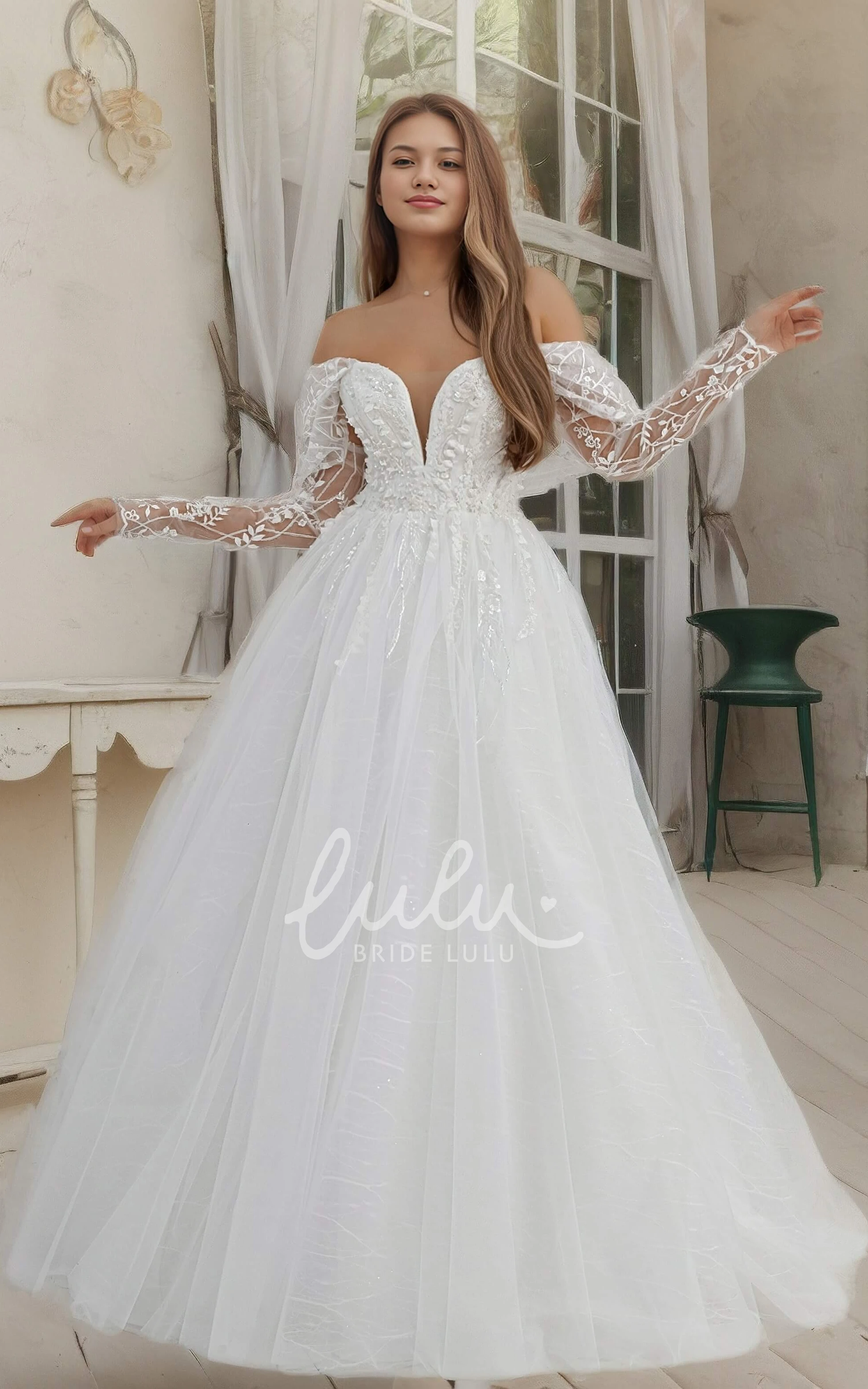 Modern Sexy A-Line Boho Off-the-Shoulder Lace Wedding Dress Elegant Fall Autumn Beach Plunging V-Neck Detachable Sleeve Floor Length Tulle Ball Gown