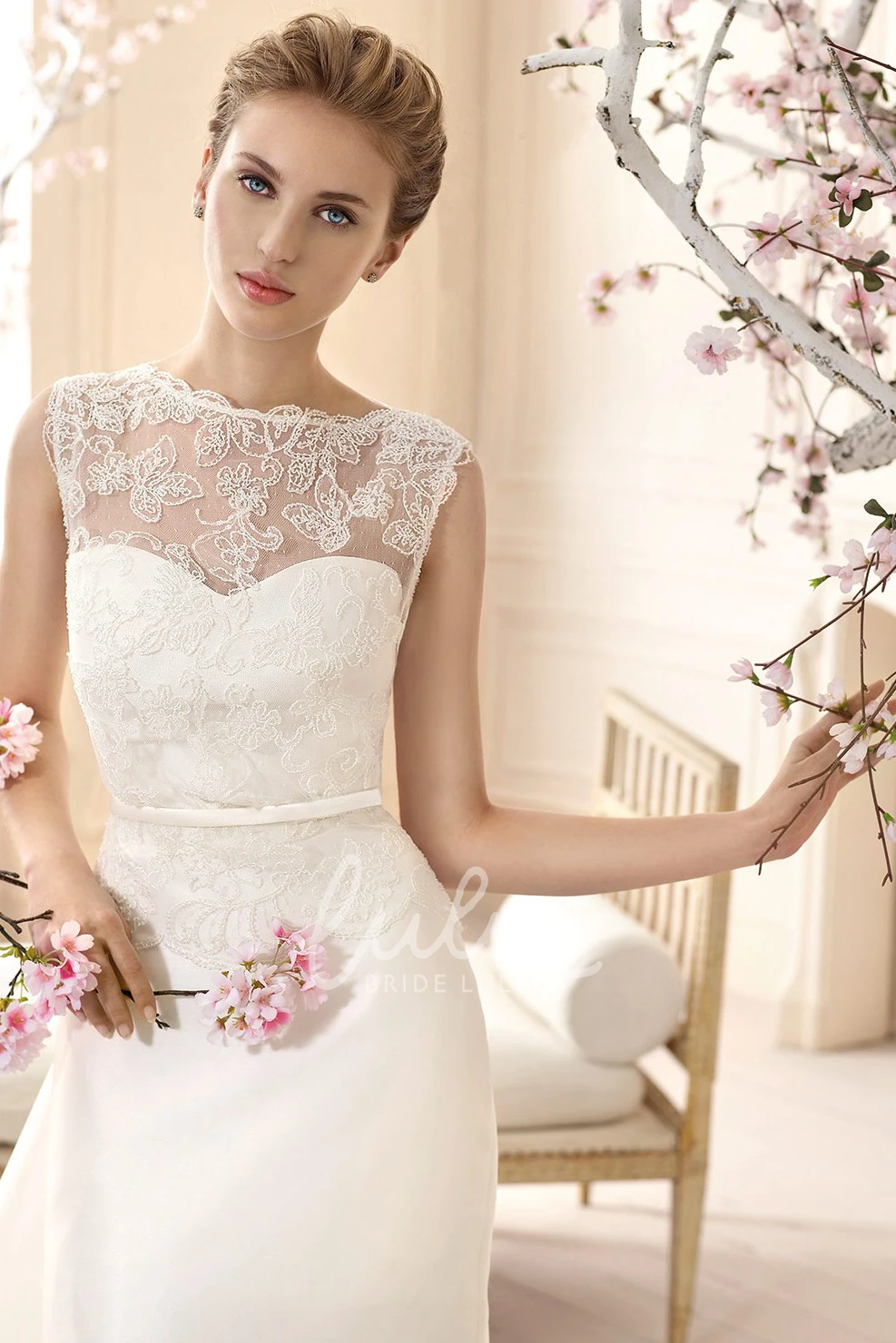 High-Neck Sleeveless Sheath Satin Wedding Dress with Long Lace Modern Wedding Dress