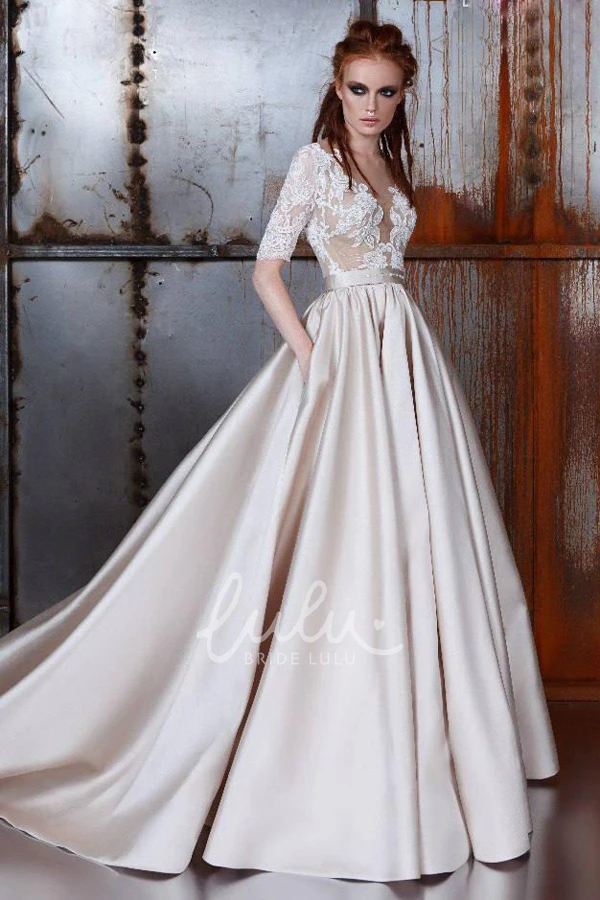 Half Sleeve Lace A-Line Wedding Dress with Illusion Top Elegant Bridal Gown