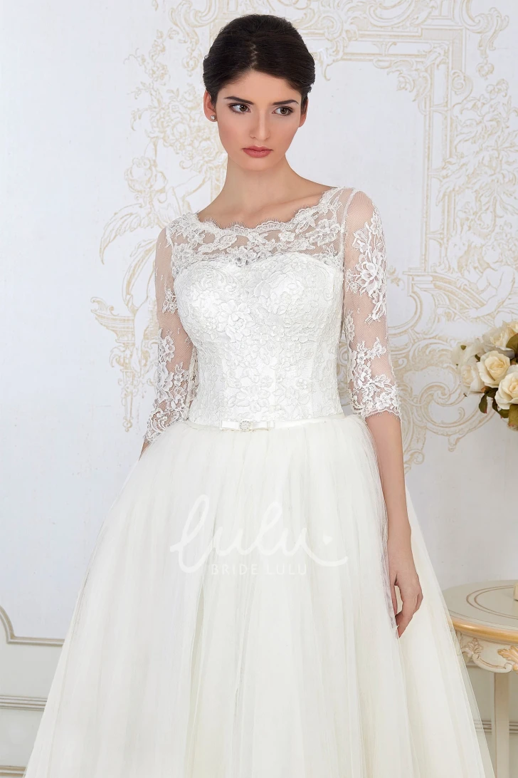 Tulle A-Line Wedding Dress with Half-Sleeve Lace Up Scoop-Neck