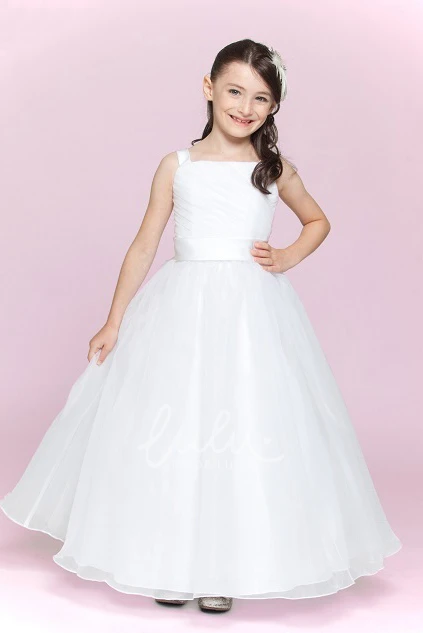 Square Neck Organza Flower Girl Dress Ball Gown & Satin Sash
