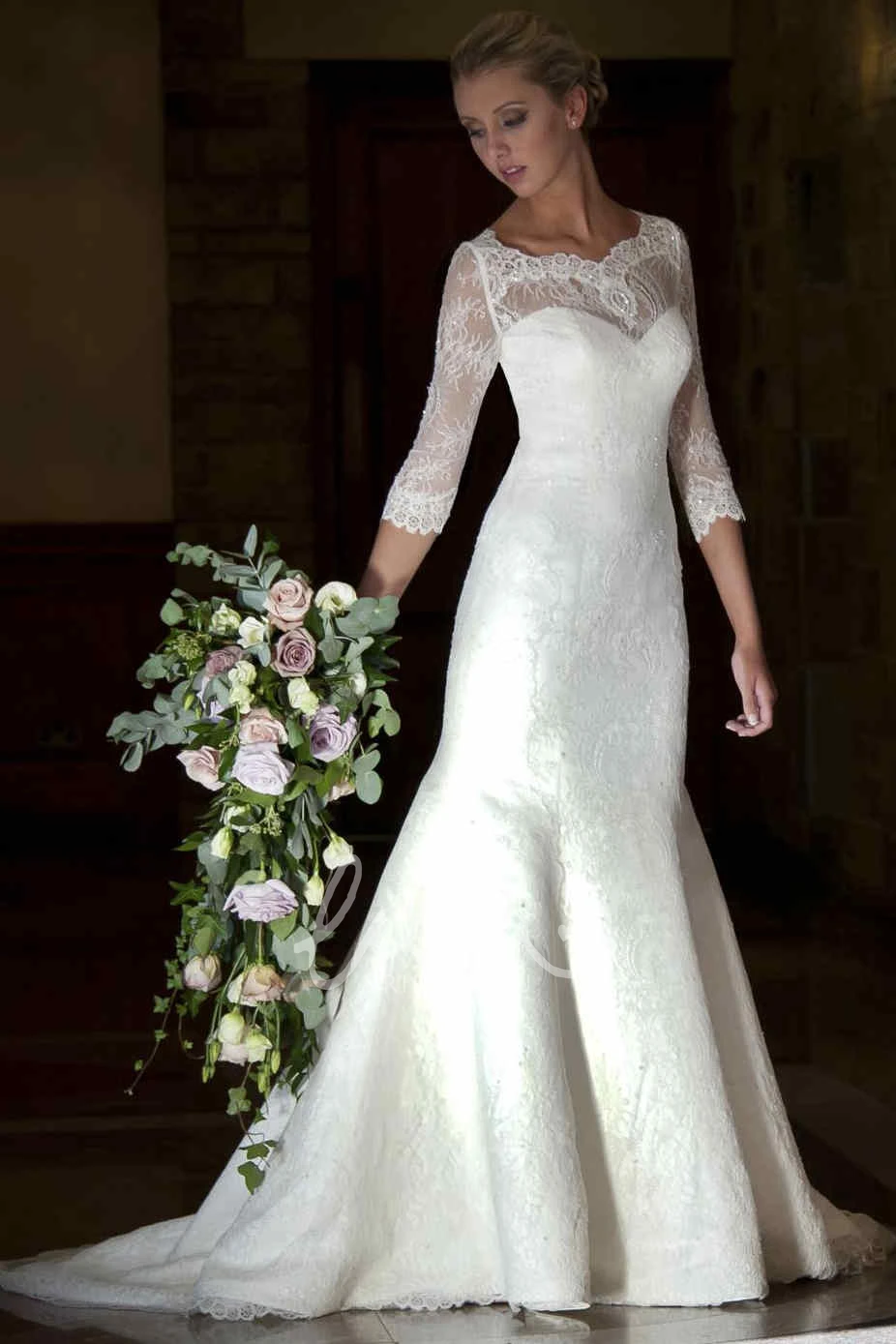 V-Neck Lace Mermaid Wedding Dress Illusion 3-4-Sleeve