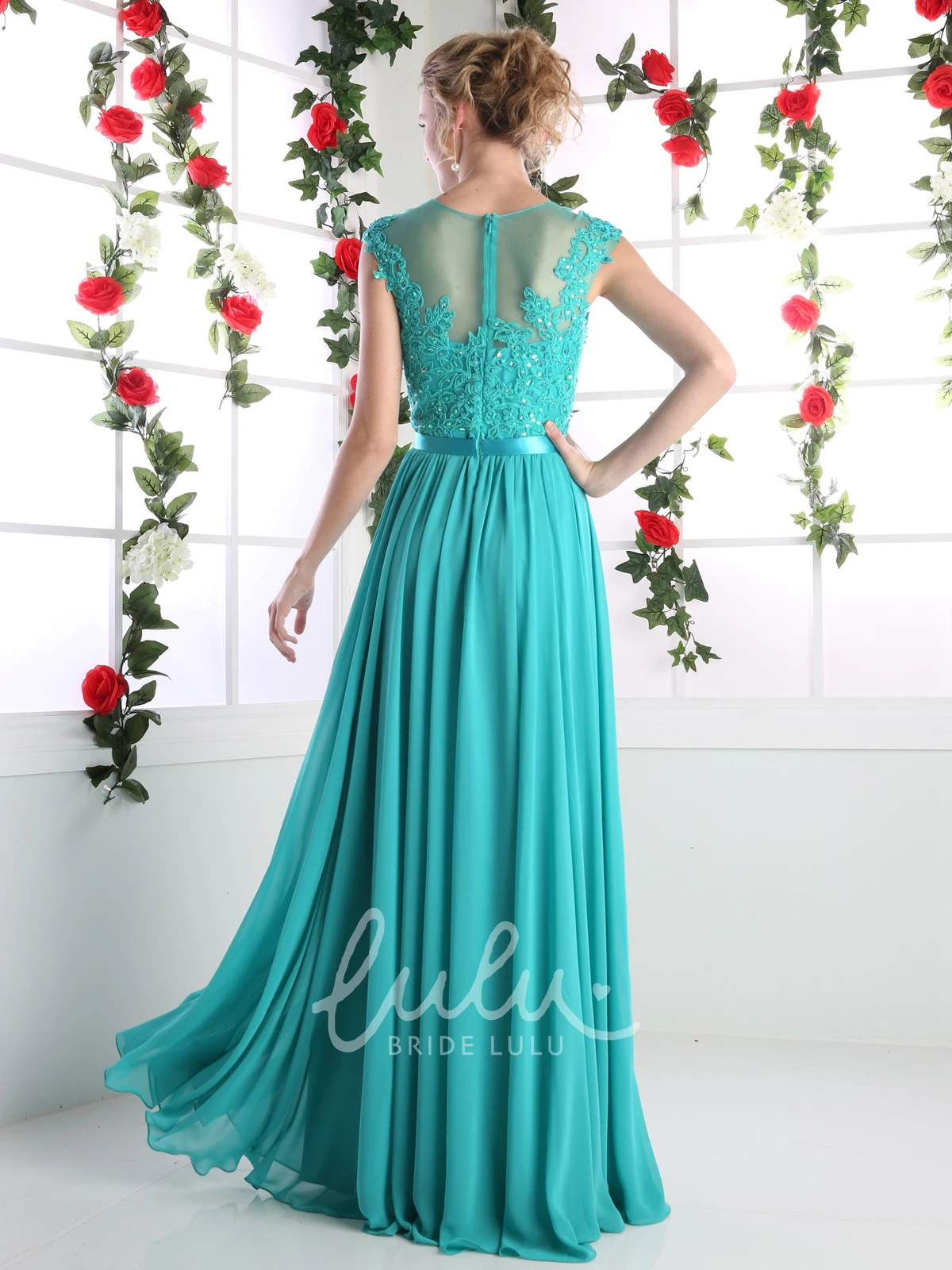 Cap-Sleeve Chiffon A-Line Formal Dress with Lace and Pleats