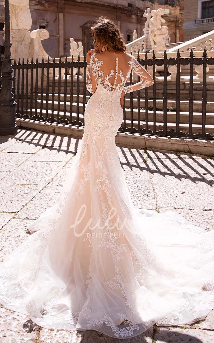 Bohemian Lace Mermaid Illusion Sleeve Spring Wedding Dress Beach Style Romantic