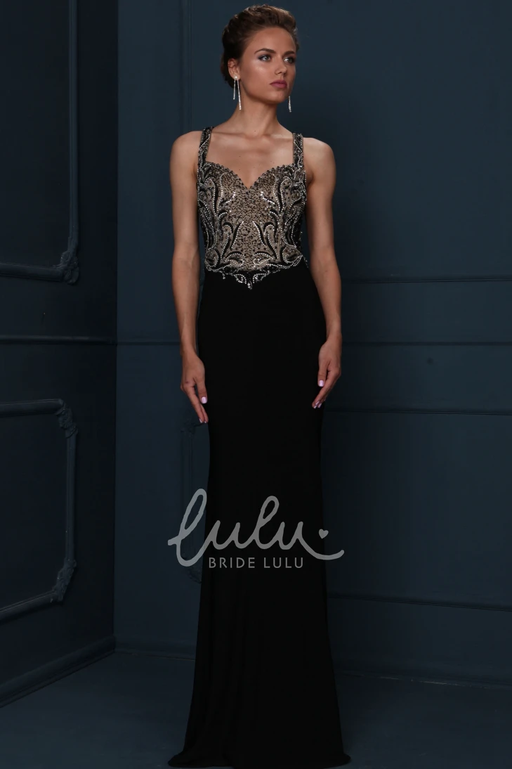 Strappy Sweep Train Evening Dress with Beaded Jersey Fabric