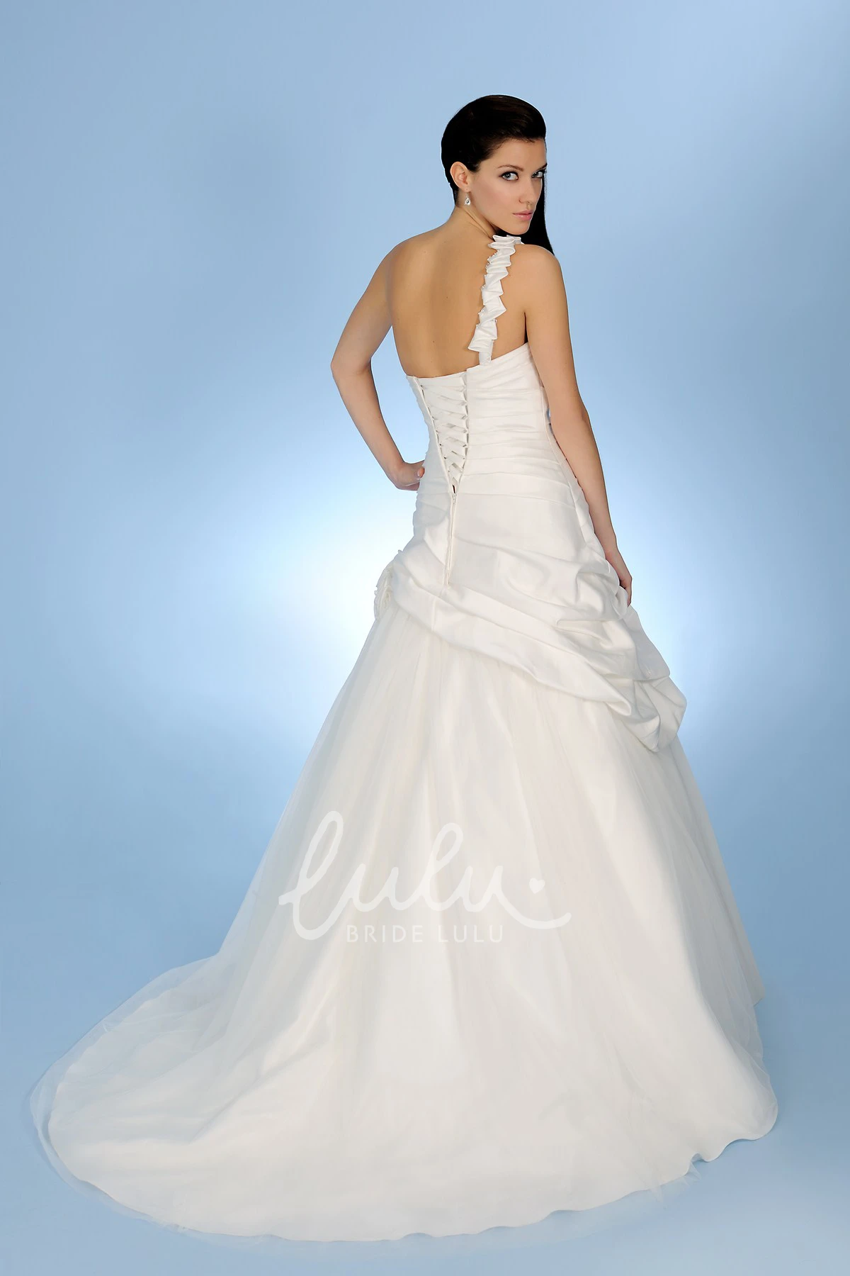 One-Shoulder Pick Up Satin & Tulle Wedding Dress Unique A-Line Bridal Gown