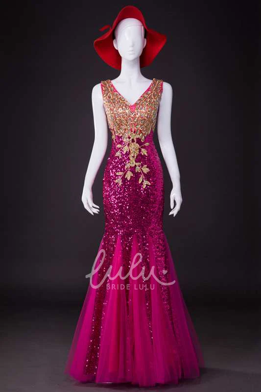 Sequined V Neck Tulle Dress Long Bridesmaid Dress