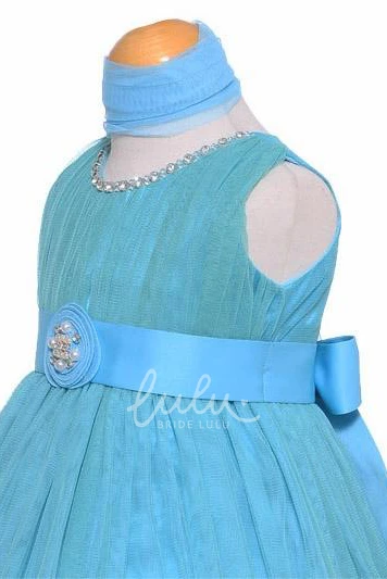 Tiered Tulle and Satin Flower Girl Dress Tea-Length Jewel