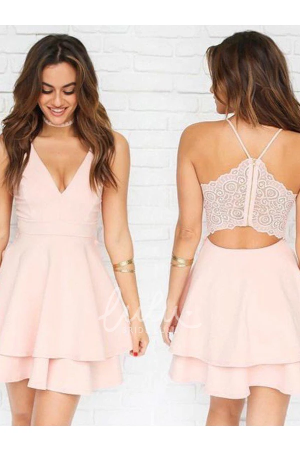 Tiers Lace Spaghetti V-neck Sleeveless A-line Mini Chiffon Homecoming Dress Boho