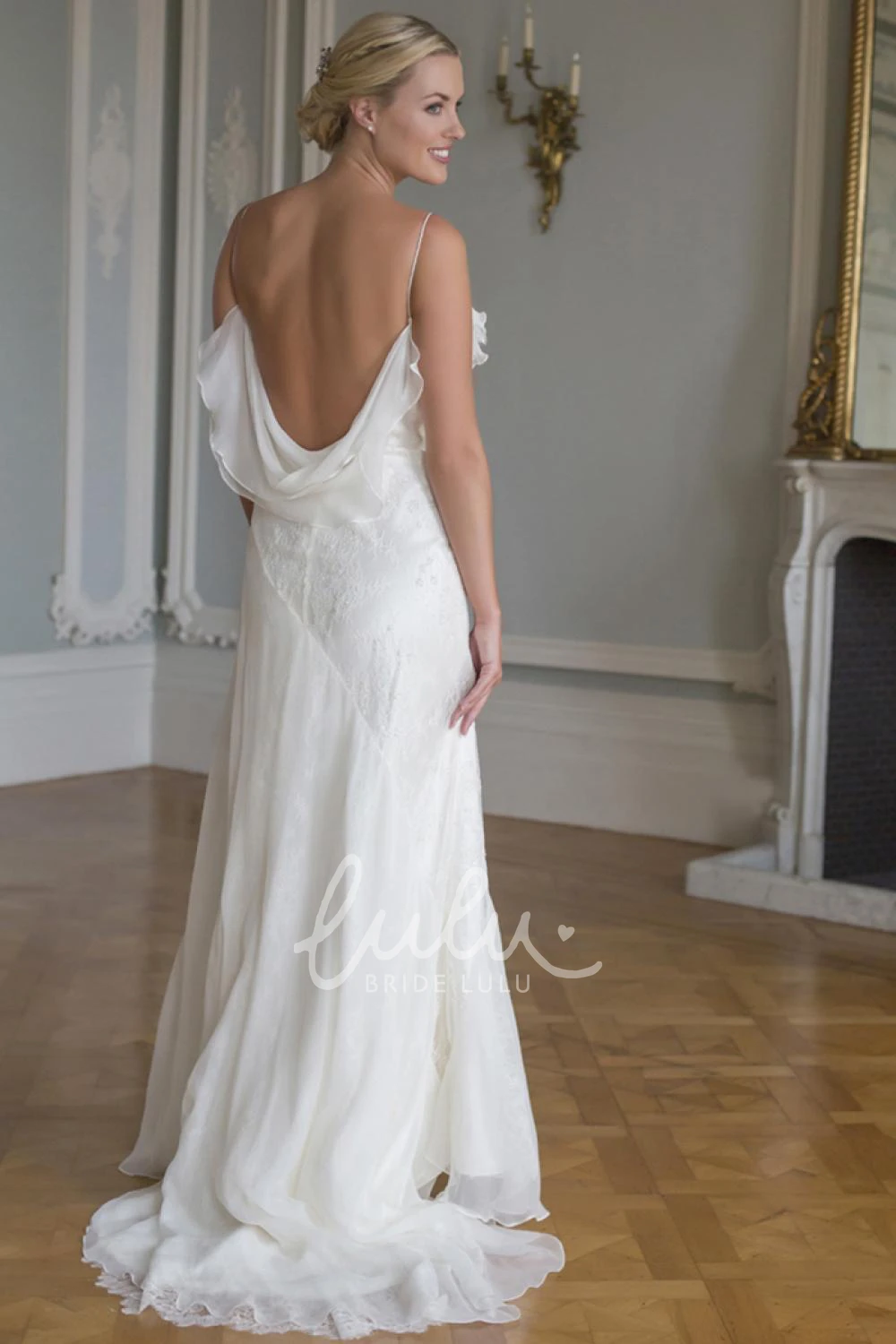 Spaghetti Lace Wedding Dress with Applique and Draping Sleeveless Floor-Length Wedding Dress