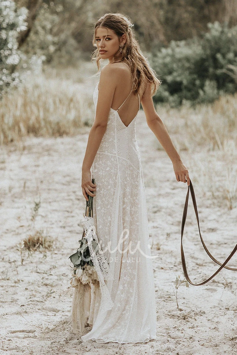 Sheath Lace V-neck Wedding Dress with Spaghetti Straps and Open Back