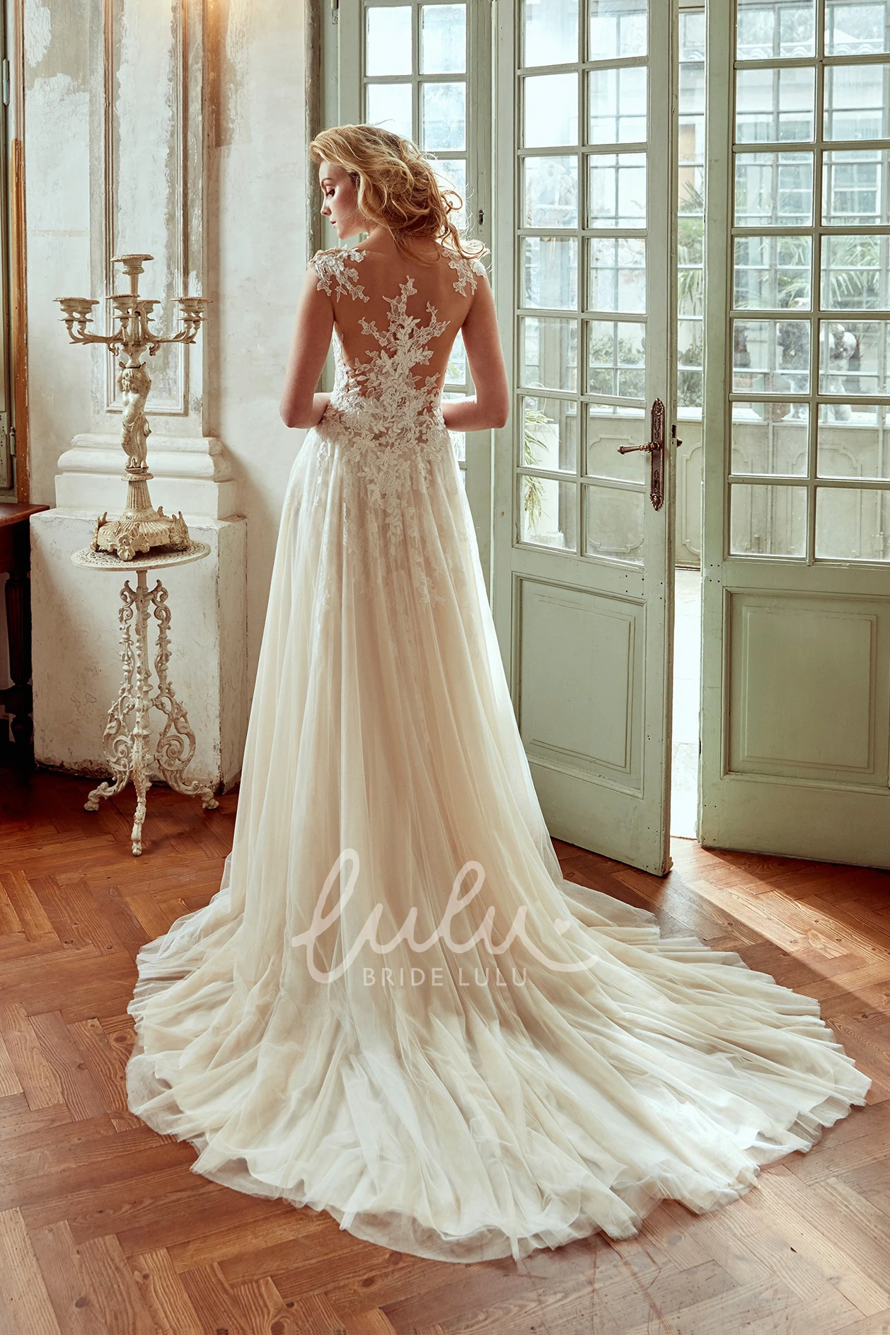 Pleated Skirt Strap-Neck Wedding Dress with Lace Appliqued Bodice Classy Wedding Dress Women