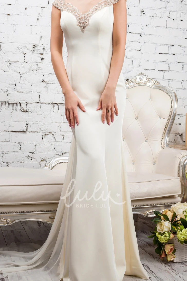 Satin & Tulle Beaded Sheath Wedding Dress with Cap Sleeves