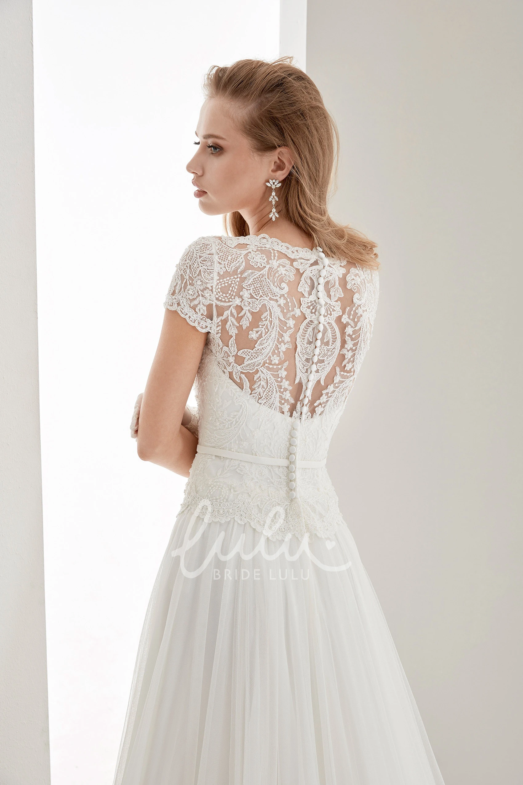 Illusion Draping Wedding Dress with Scalloped-Neck Lace Bodice and T-Shirt Sleeves Flowy Bridal Gown