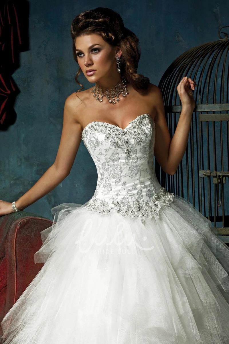 A-Line Ball Gown Wedding Dress with Cascading Ruffles Sweetheart Floor-Length Tulle Sleeveless
