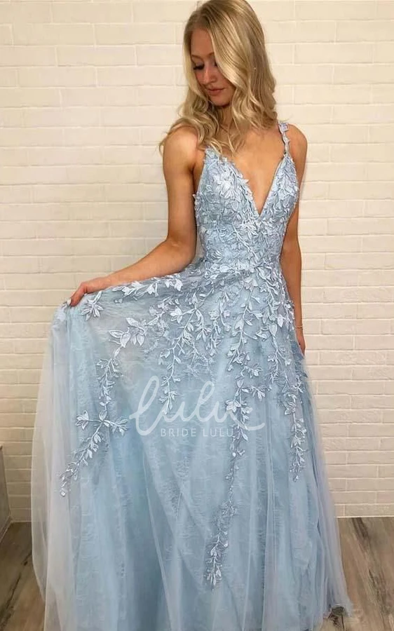 Tulle Sleeveless A-Line Simple Prom Dress with Flowers