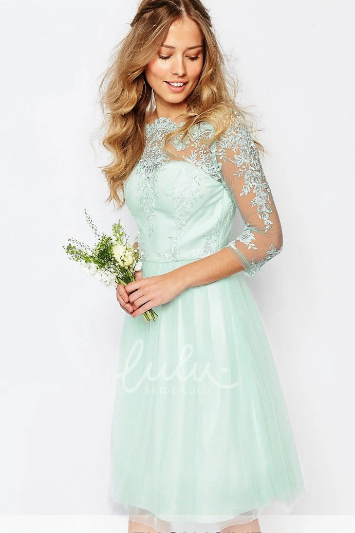 Appliqued Tulle Bridesmaid Dress Knee-Length Bateau Neck 3-4 Sleeve