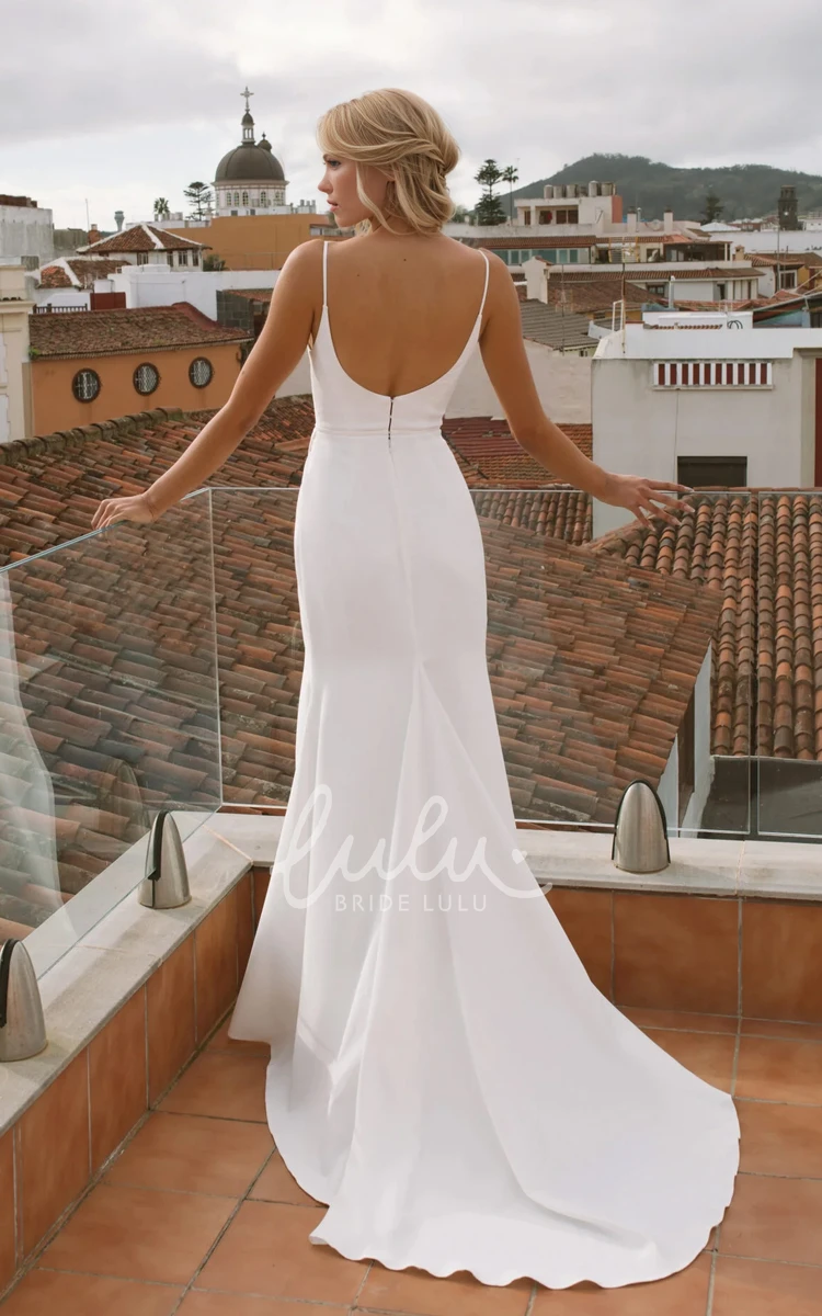 Sheath V-neck Spaghetti Split Satin Wedding Dress Simple Beach Floor-length Sleeveless Backless Bridal Gown