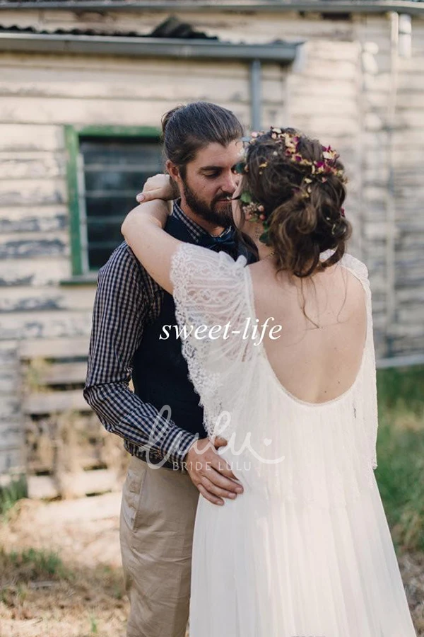 Chiffon A-Line Wedding Dress with Scoop Neckline Lace Details and Zipper Closure