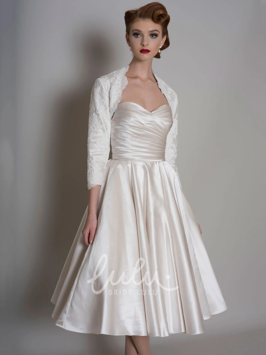 Midi A-Line Satin Wedding Dress with Cape and Sweetheart Neckline