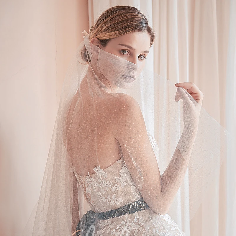 Gold Glittering Simple Style Tulle Mid Length Bridal Veil