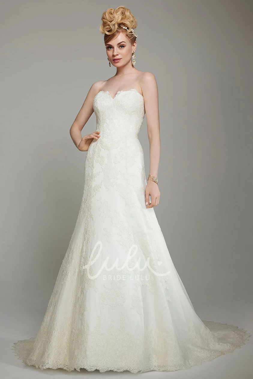 Long Lace A-Line Wedding Dress Sweetheart Appliques Deep-V Back
