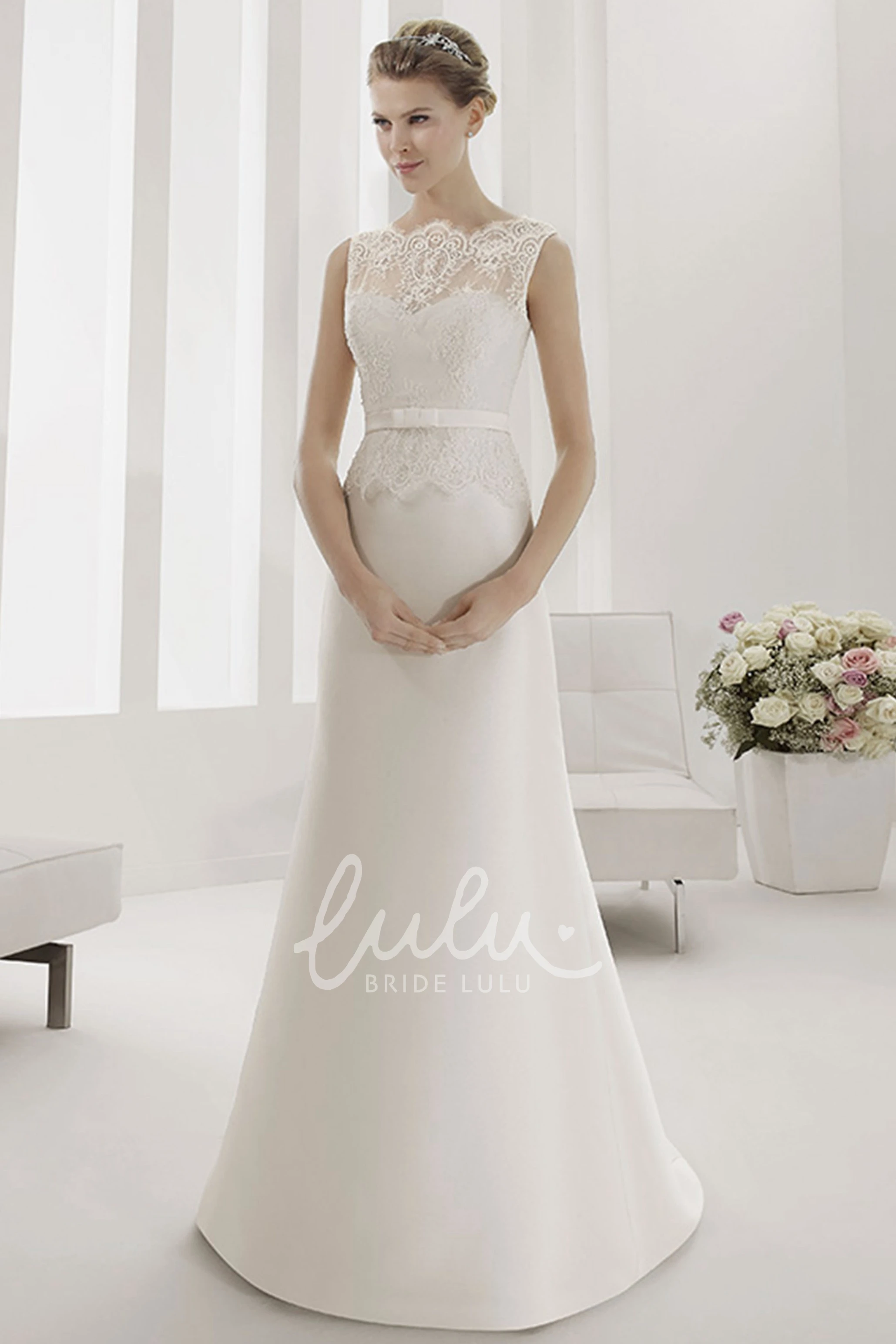 Satin Sheath Wedding Dress with Lace Top and Belt