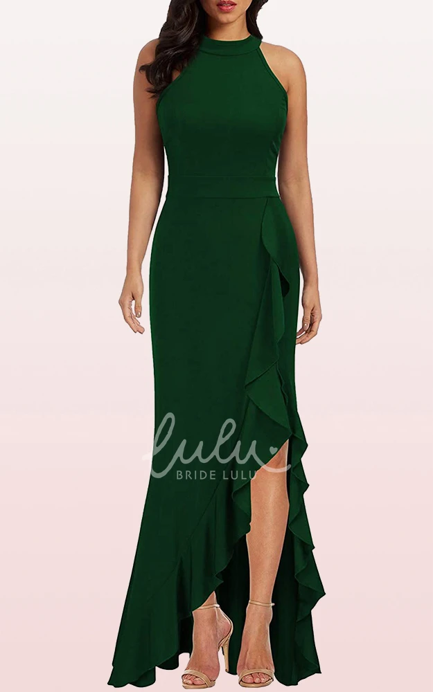 Halter Sheath Sleeveless Formal Guest Dress with Ruffles Elegant Split Front Jersey