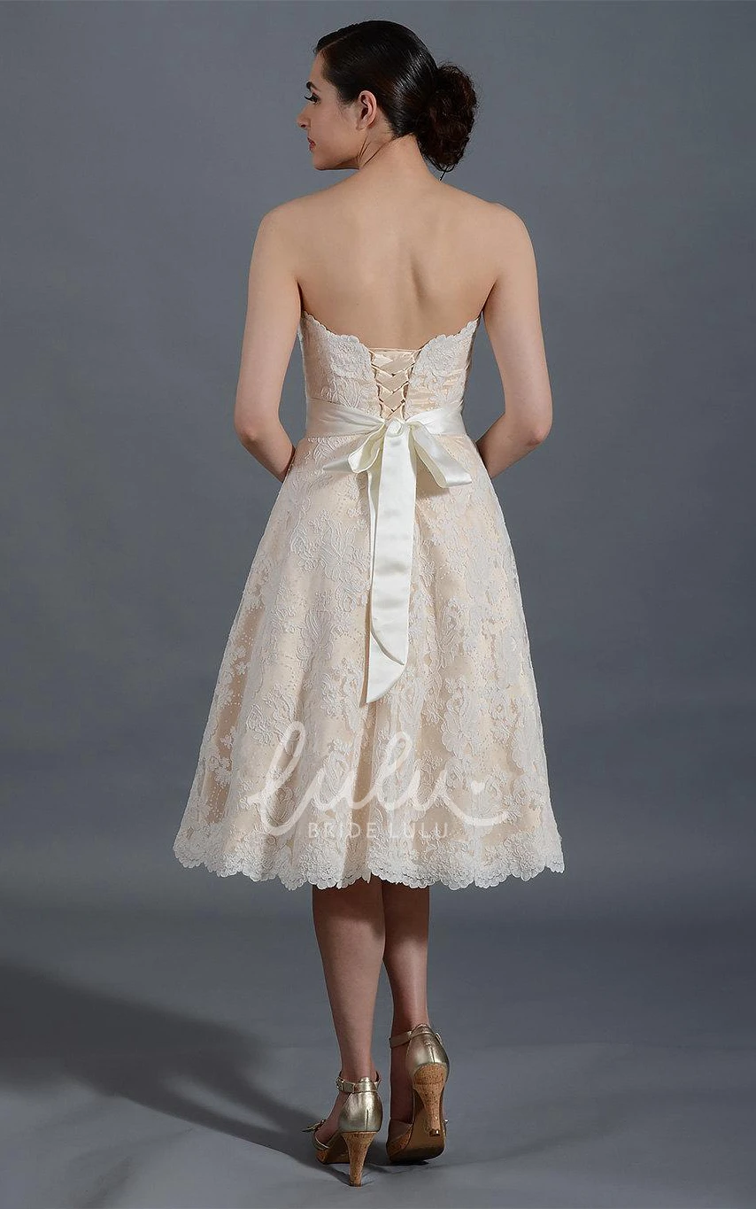 Knee-Length Lace Spring Wedding Dress with Alencon Lace and Satin Belt
