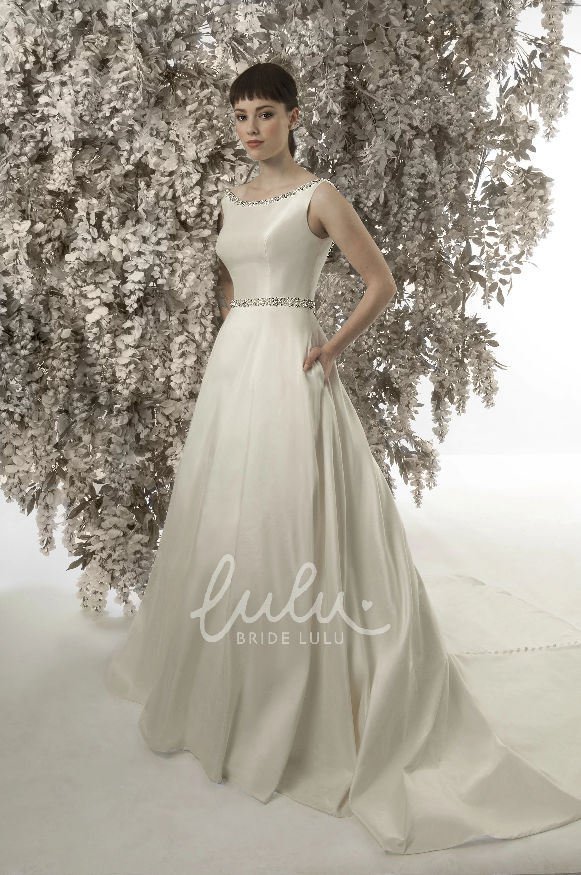 Satin Jeweled Scoop Neck Wedding Dress with Court Train