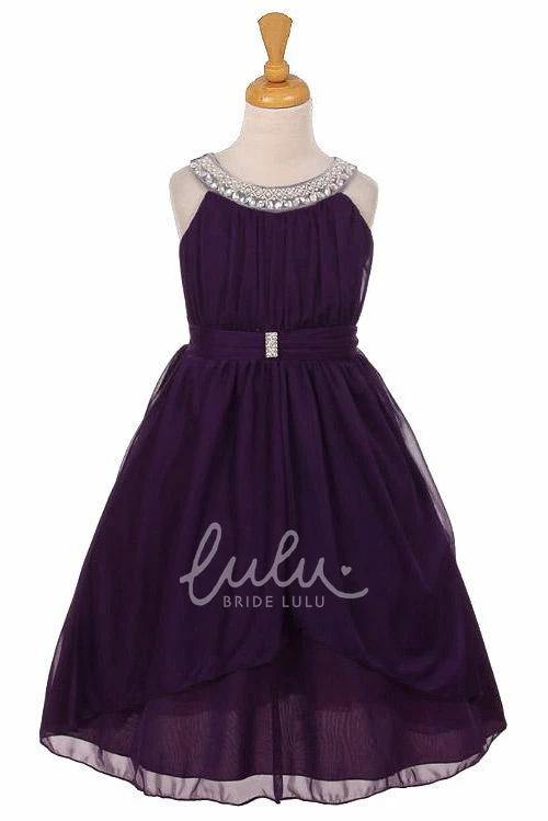 Peplum Chiffon&Tulle Tea-Length Flower Girl Dress with Ribbon and Tiered Skirt